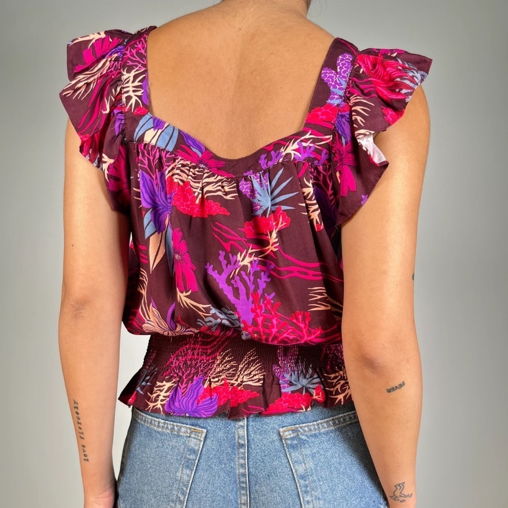 Scotch & Soda Tropical Floral Print Purple Ruffle Accent Banded Waist Top XS
